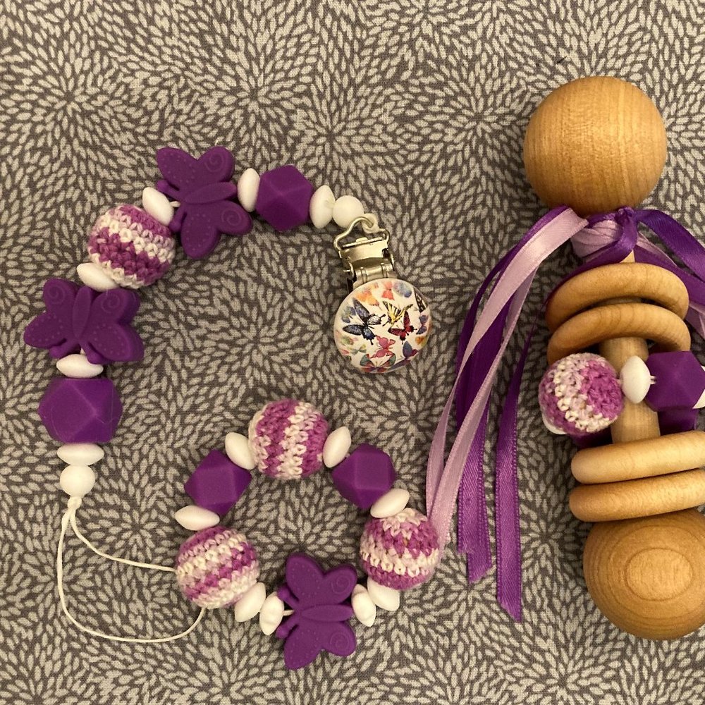 Teething Ring Pacifier Dummy Chain Clip Leash Set!